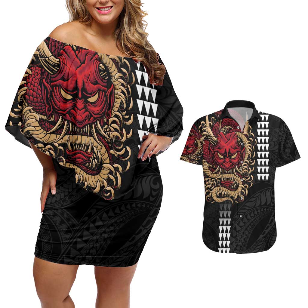 Hawaii and Japanese Oni Mask Personalised Couples Matching Off Shoulder Short Dress and Hawaiian Shirt Kakau Pattern Dark Art Style