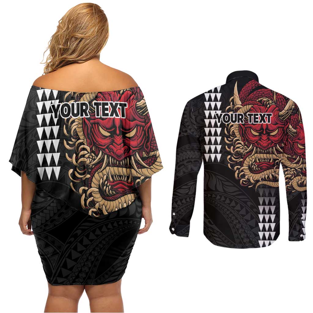 Hawaii and Japanese Oni Mask Personalised Couples Matching Off Shoulder Short Dress and Long Sleeve Button Shirt Kakau Pattern Dark Art Style