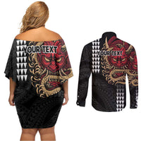 Hawaii and Japanese Oni Mask Personalised Couples Matching Off Shoulder Short Dress and Long Sleeve Button Shirt Kakau Pattern Dark Art Style
