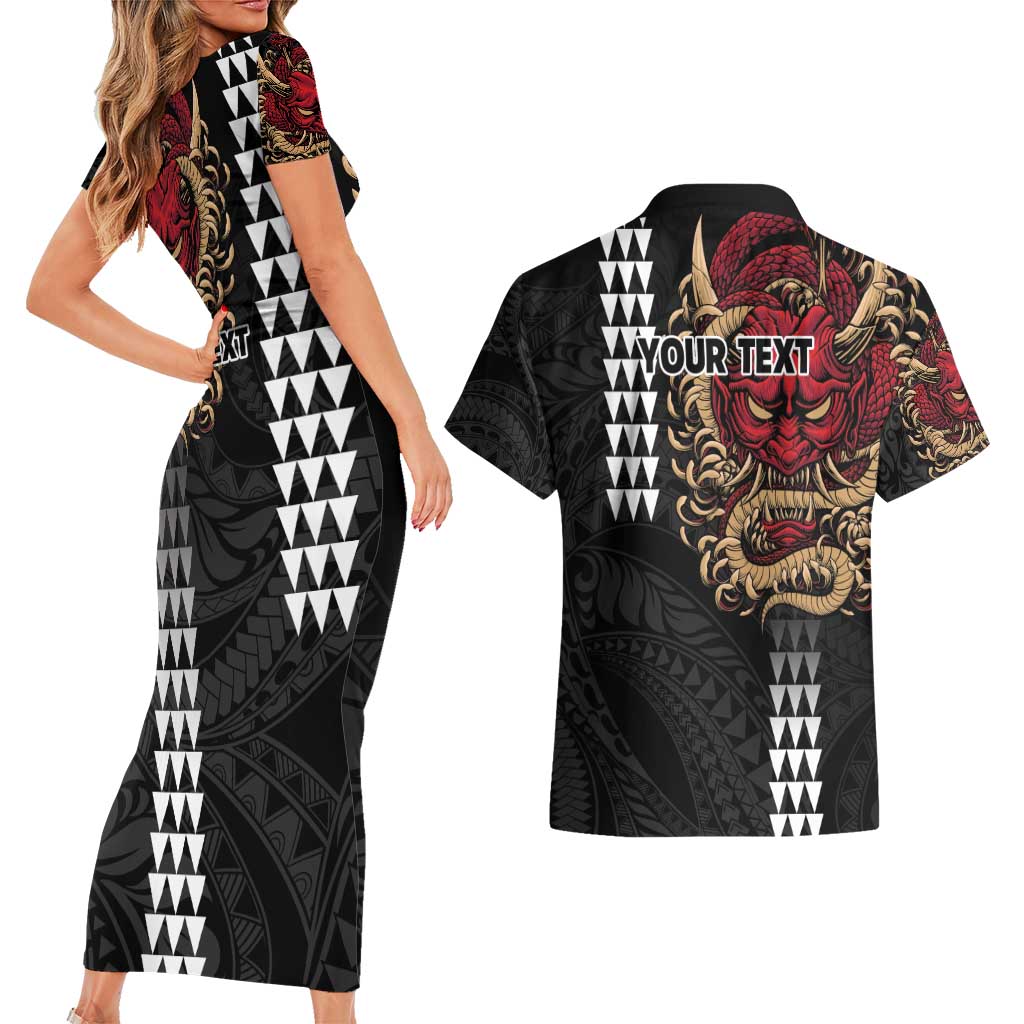 Hawaii and Japanese Oni Mask Personalised Couples Matching Short Sleeve Bodycon Dress and Hawaiian Shirt Kakau Pattern Dark Art Style