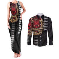 Hawaii and Japanese Oni Mask Personalised Couples Matching Tank Maxi Dress and Long Sleeve Button Shirt Kakau Pattern Dark Art Style