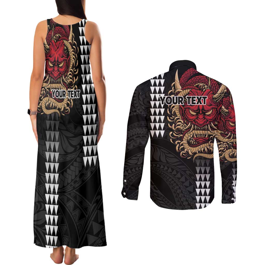 Hawaii and Japanese Oni Mask Personalised Couples Matching Tank Maxi Dress and Long Sleeve Button Shirt Kakau Pattern Dark Art Style