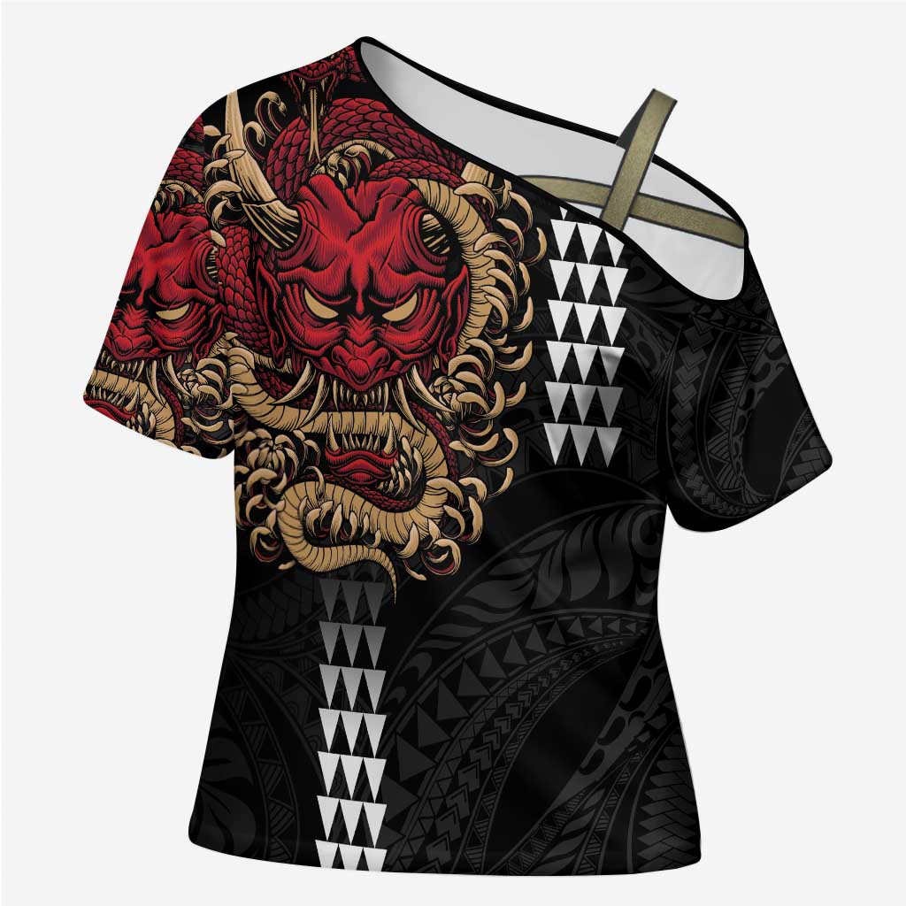 Hawaii and Japanese Oni Mask Personalised Cross Shoulder Shirt Kakau Pattern Dark Art Style - Polynesian Pride