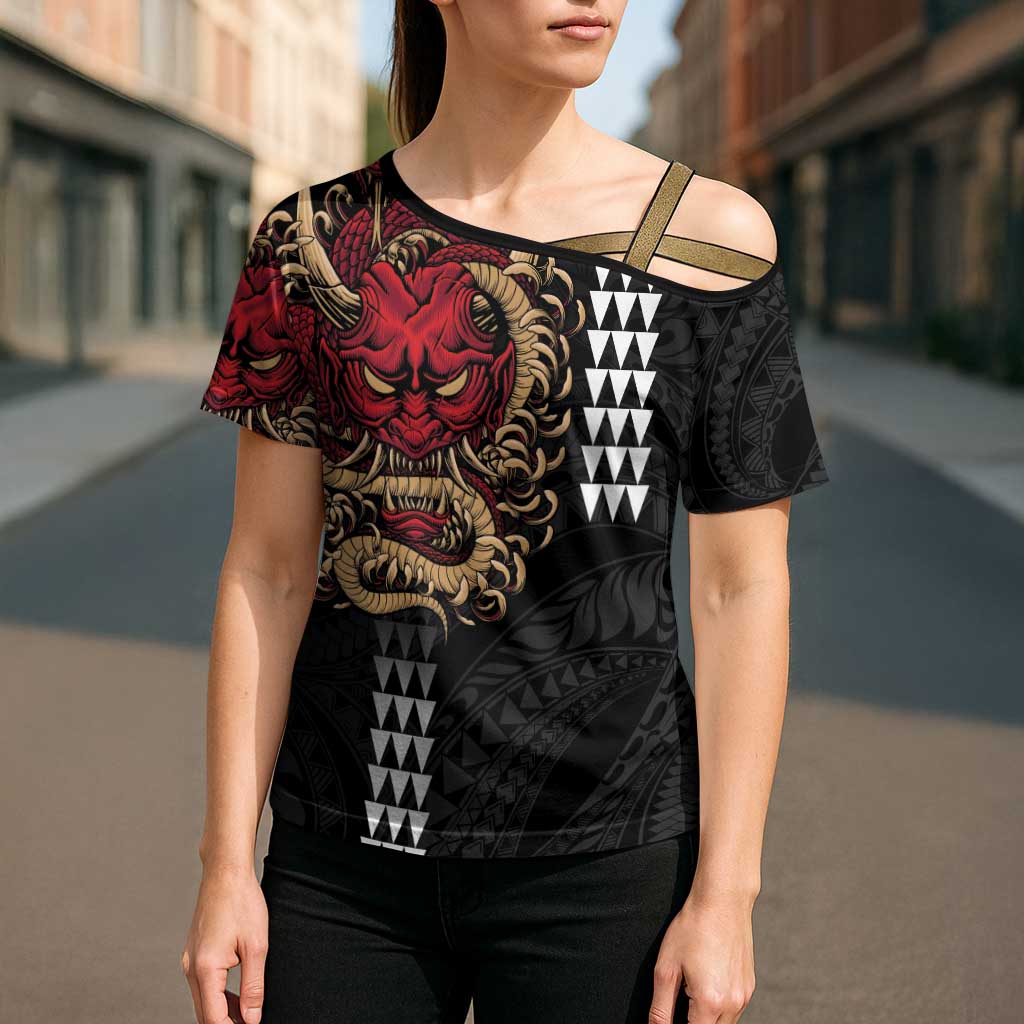 Hawaii and Japanese Oni Mask Personalised Cross Shoulder Shirt Kakau Pattern Dark Art Style - Polynesian Pride