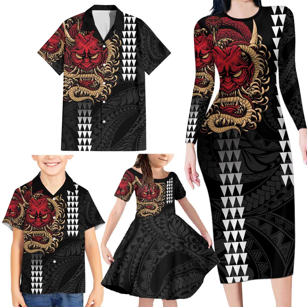 Hawaii and Japanese Oni Mask Personalised Family Matching Long Sleeve Bodycon Dress and Hawaiian Shirt Kakau Pattern Dark Art Style