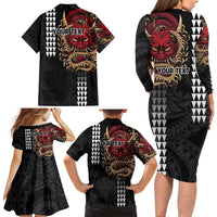 Hawaii and Japanese Oni Mask Personalised Family Matching Long Sleeve Bodycon Dress and Hawaiian Shirt Kakau Pattern Dark Art Style