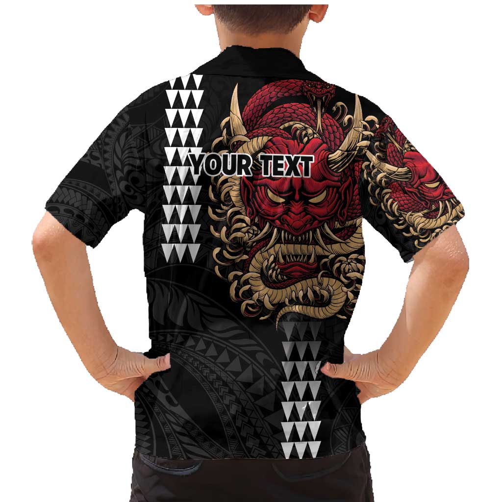 Hawaii and Japanese Oni Mask Personalised Family Matching Mermaid Dress and Hawaiian Shirt Kakau Pattern Dark Art Style