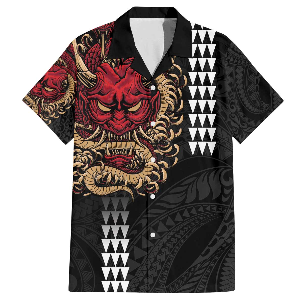 Hawaii and Japanese Oni Mask Personalised Family Matching Off The Shoulder Long Sleeve Dress and Hawaiian Shirt Kakau Pattern Dark Art Style