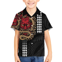 Hawaii and Japanese Oni Mask Personalised Family Matching Off The Shoulder Long Sleeve Dress and Hawaiian Shirt Kakau Pattern Dark Art Style