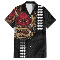 Hawaii and Japanese Oni Mask Personalised Family Matching Off Shoulder Short Dress and Hawaiian Shirt Kakau Pattern Dark Art Style