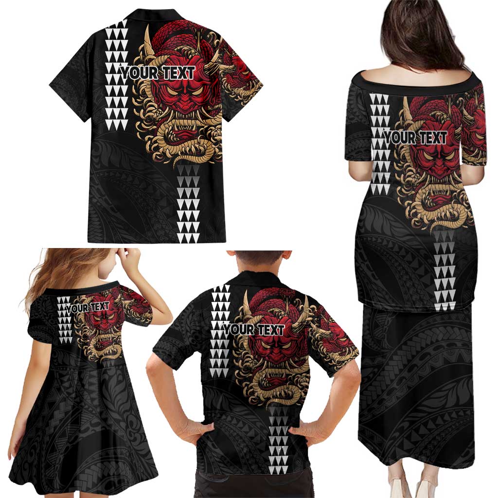Hawaii and Japanese Oni Mask Personalised Family Matching Puletasi and Hawaiian Shirt Kakau Pattern Dark Art Style