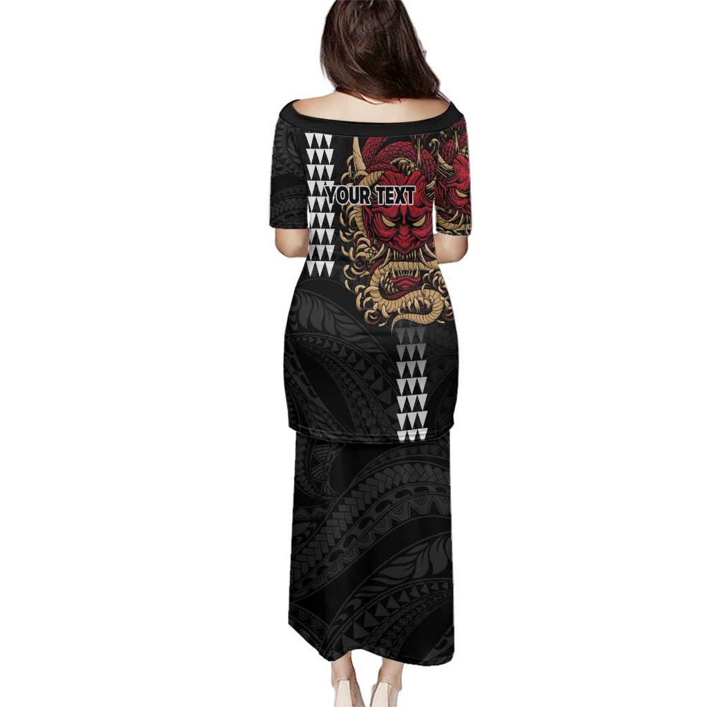 Hawaii and Japanese Oni Mask Personalised Family Matching Puletasi and Hawaiian Shirt Kakau Pattern Dark Art Style