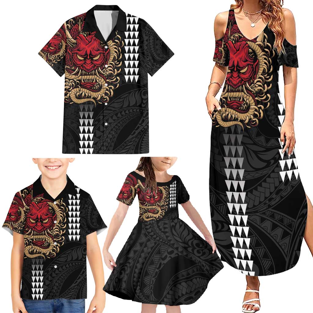 Hawaii and Japanese Oni Mask Personalised Family Matching Summer Maxi Dress and Hawaiian Shirt Kakau Pattern Dark Art Style