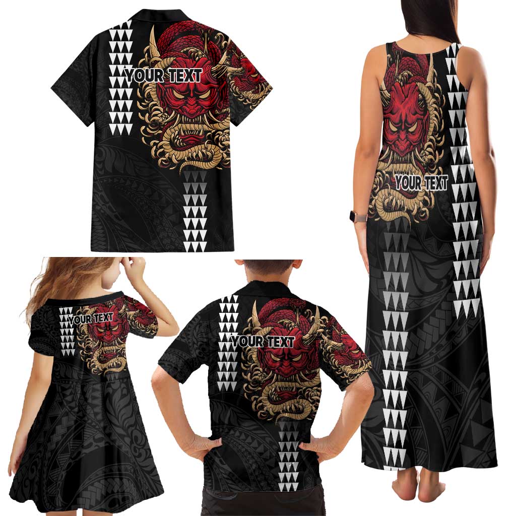 Hawaii and Japanese Oni Mask Personalised Family Matching Tank Maxi Dress and Hawaiian Shirt Kakau Pattern Dark Art Style