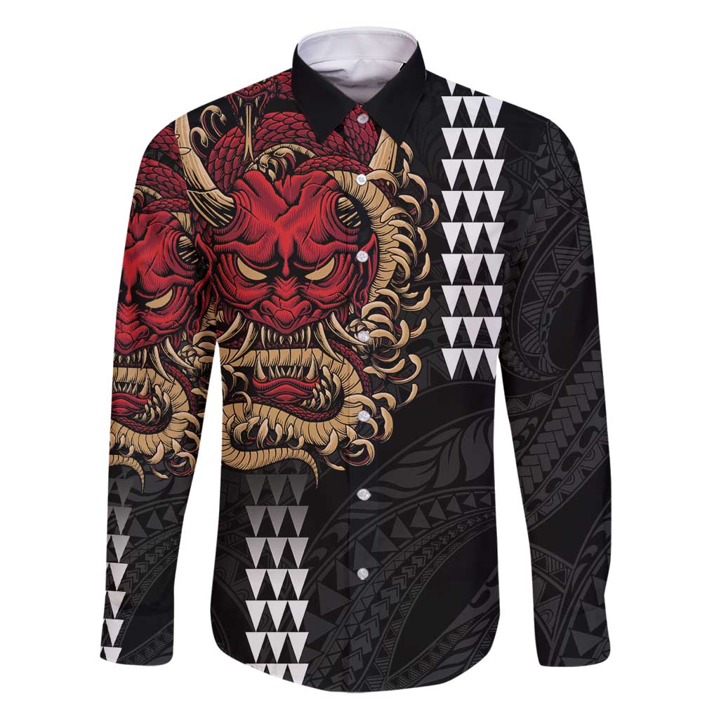 Hawaii and Japanese Oni Mask Personalised Family Matching Tank Maxi Dress and Hawaiian Shirt Kakau Pattern Dark Art Style