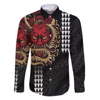 Hawaii and Japanese Oni Mask Personalised Family Matching Tank Maxi Dress and Hawaiian Shirt Kakau Pattern Dark Art Style