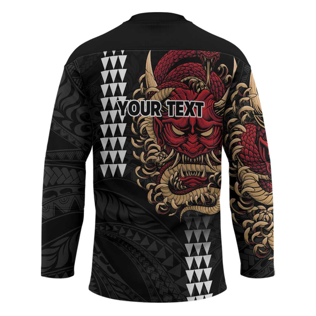 Hawaii and Japanese Oni Mask Personalised Hockey Jersey Kakau Pattern Dark Art Style - Polynesian Pride