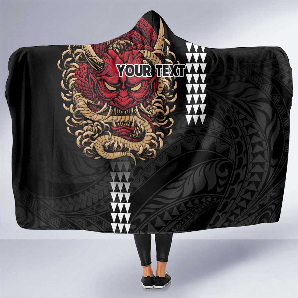 Hawaii and Japanese Oni Mask Personalised Hooded Blanket Kakau Pattern Dark Art Style