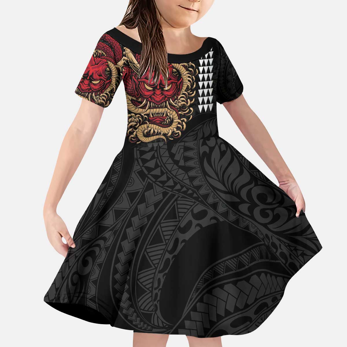 Hawaii and Japanese Oni Mask Personalised Kid Short Sleeve Dress Kakau Pattern Dark Art Style