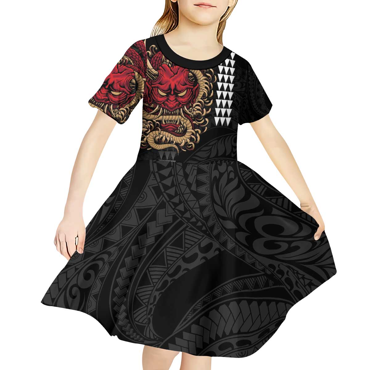 Hawaii and Japanese Oni Mask Personalised Kid Short Sleeve Dress Kakau Pattern Dark Art Style