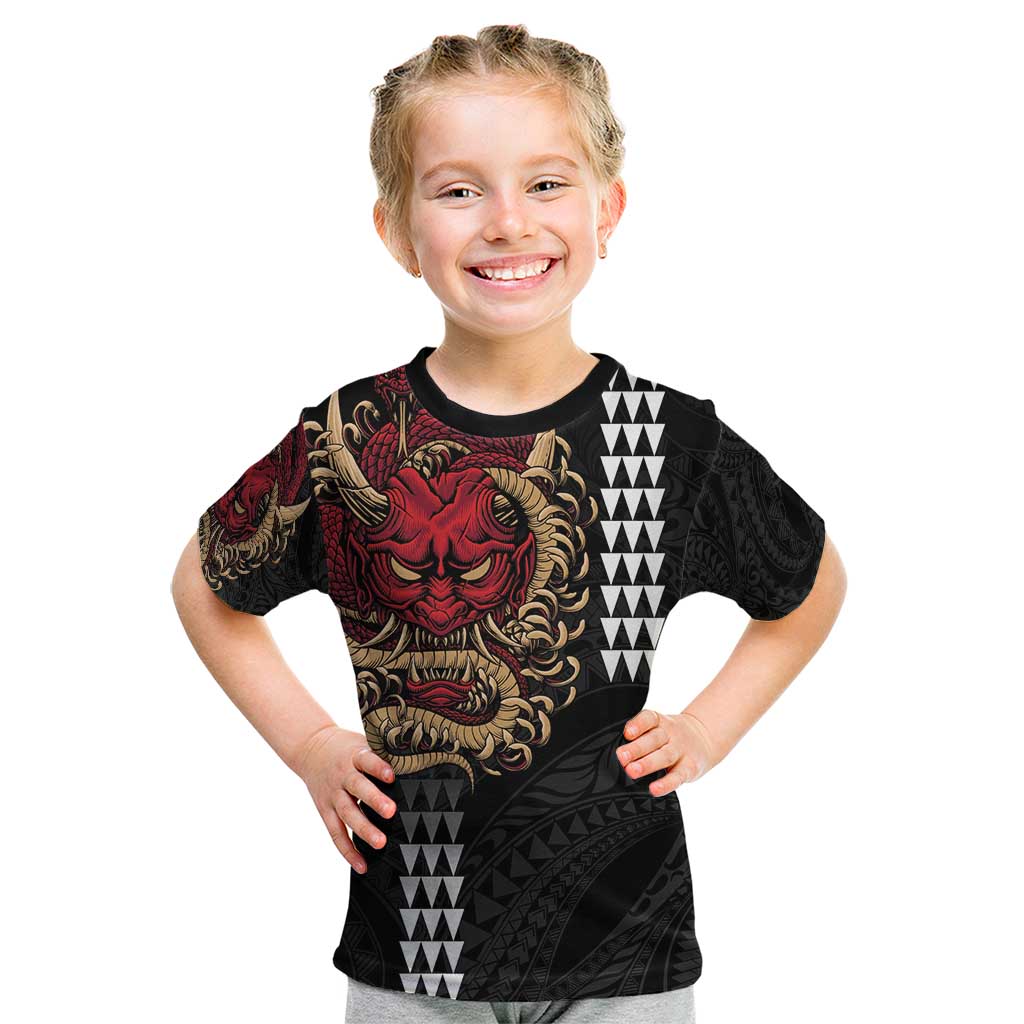 Hawaii and Japanese Oni Mask Personalised Kid T Shirt Kakau Pattern Dark Art Style