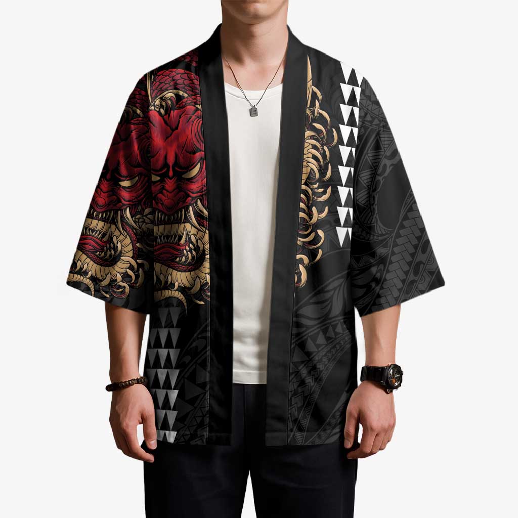 Hawaii and Japanese Oni Mask Personalised Kimono Kakau Pattern Dark Art Style - Polynesian Pride