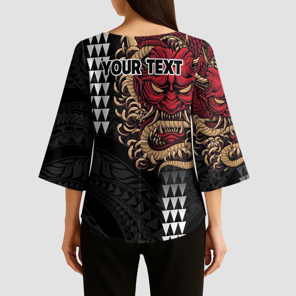 Hawaii and Japanese Oni Mask Personalised Kimono Sleeve Blouse Kakau Pattern Dark Art Style - Polynesian Pride