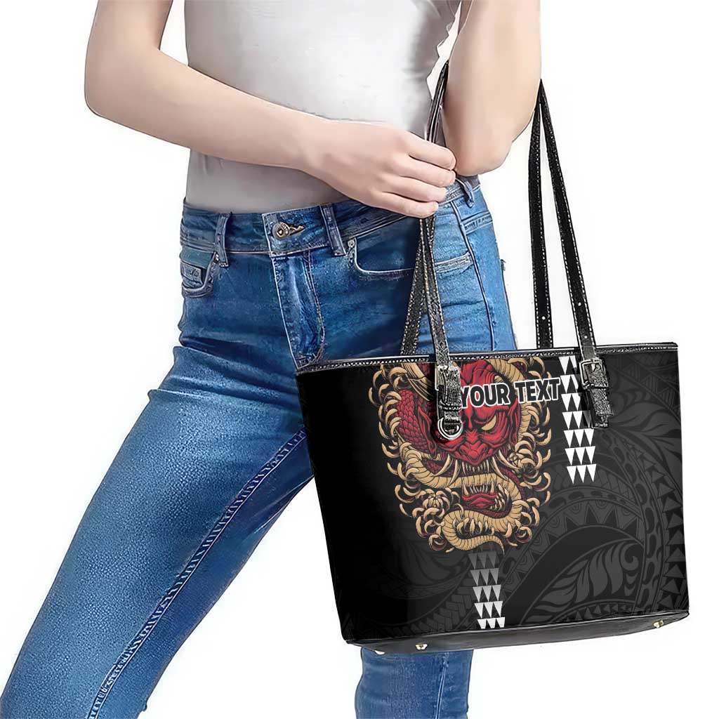 Hawaii and Japanese Oni Mask Personalised Leather Tote Bag Kakau Pattern Dark Art Style