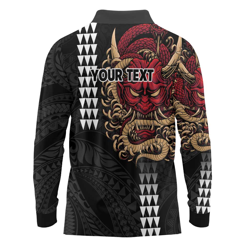 Hawaii and Japanese Oni Mask Personalised Long Sleeve Polo Shirt Kakau Pattern Dark Art Style