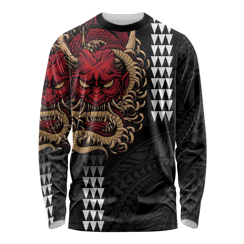 Hawaii and Japanese Oni Mask Personalised Long Sleeve Shirt Kakau Pattern Dark Art Style
