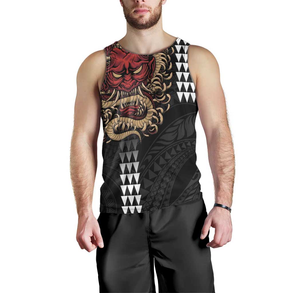 Hawaii and Japanese Oni Mask Personalised Men Tank Top Kakau Pattern Dark Art Style