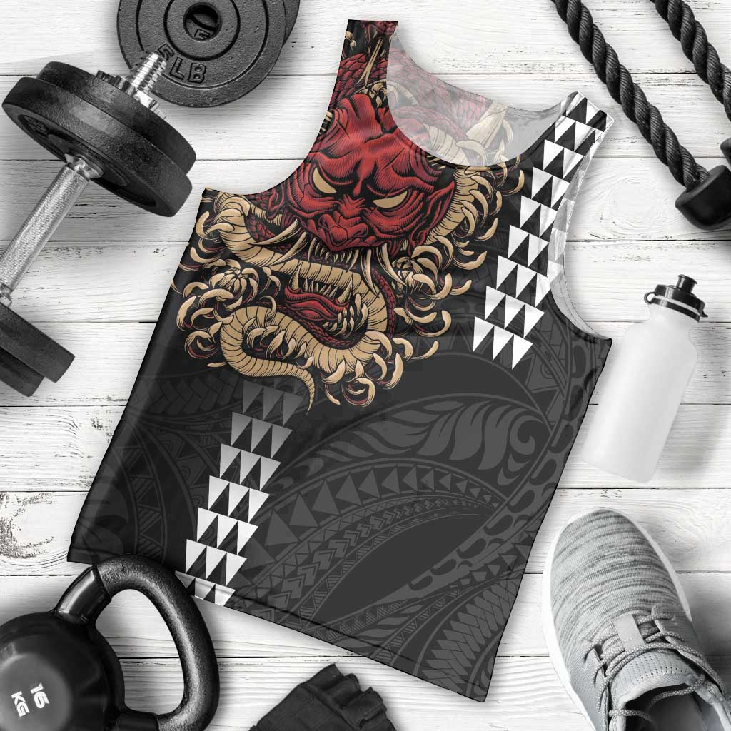 Hawaii and Japanese Oni Mask Personalised Men Tank Top Kakau Pattern Dark Art Style