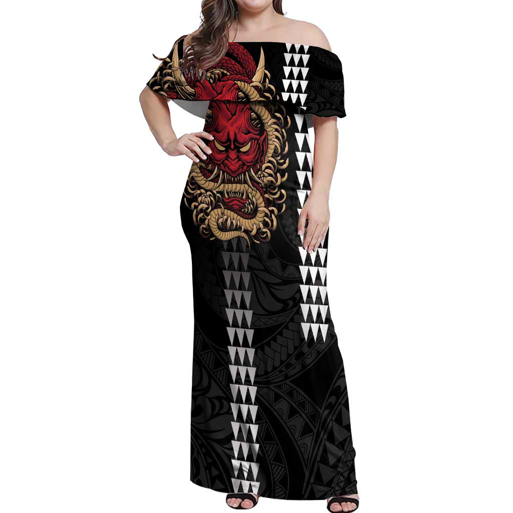 Hawaii and Japanese Oni Mask Personalised Off Shoulder Maxi Dress Kakau Pattern Dark Art Style