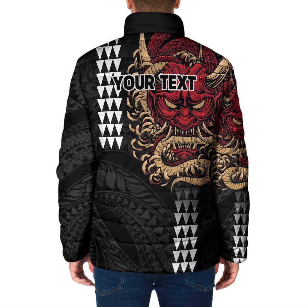 Hawaii and Japanese Oni Mask Personalised Padded Jacket Kakau Pattern Dark Art Style - Polynesian Pride