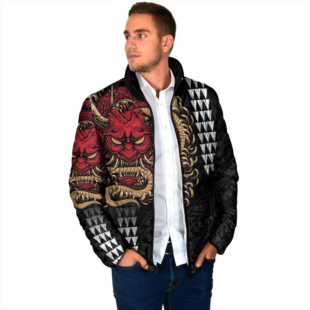 Hawaii and Japanese Oni Mask Personalised Padded Jacket Kakau Pattern Dark Art Style - Polynesian Pride