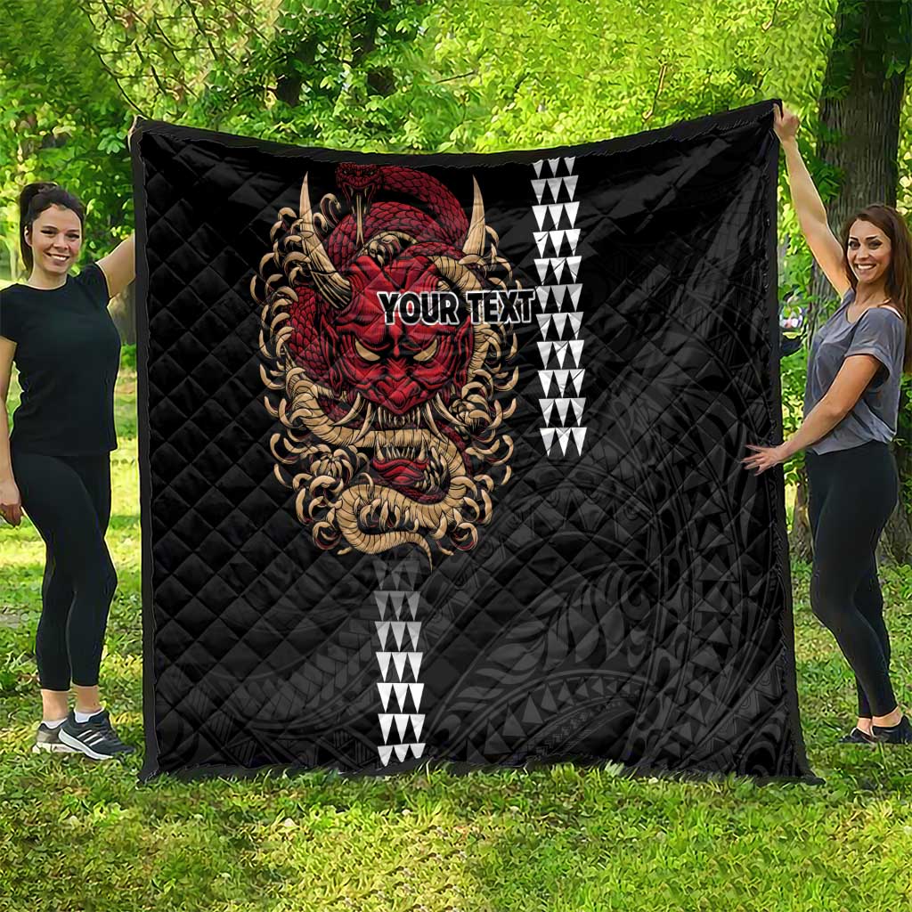 Hawaii and Japanese Oni Mask Personalised Quilt Kakau Pattern Dark Art Style