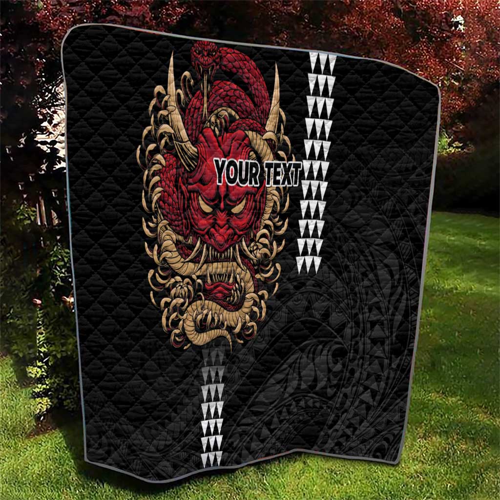 Hawaii and Japanese Oni Mask Personalised Quilt Kakau Pattern Dark Art Style