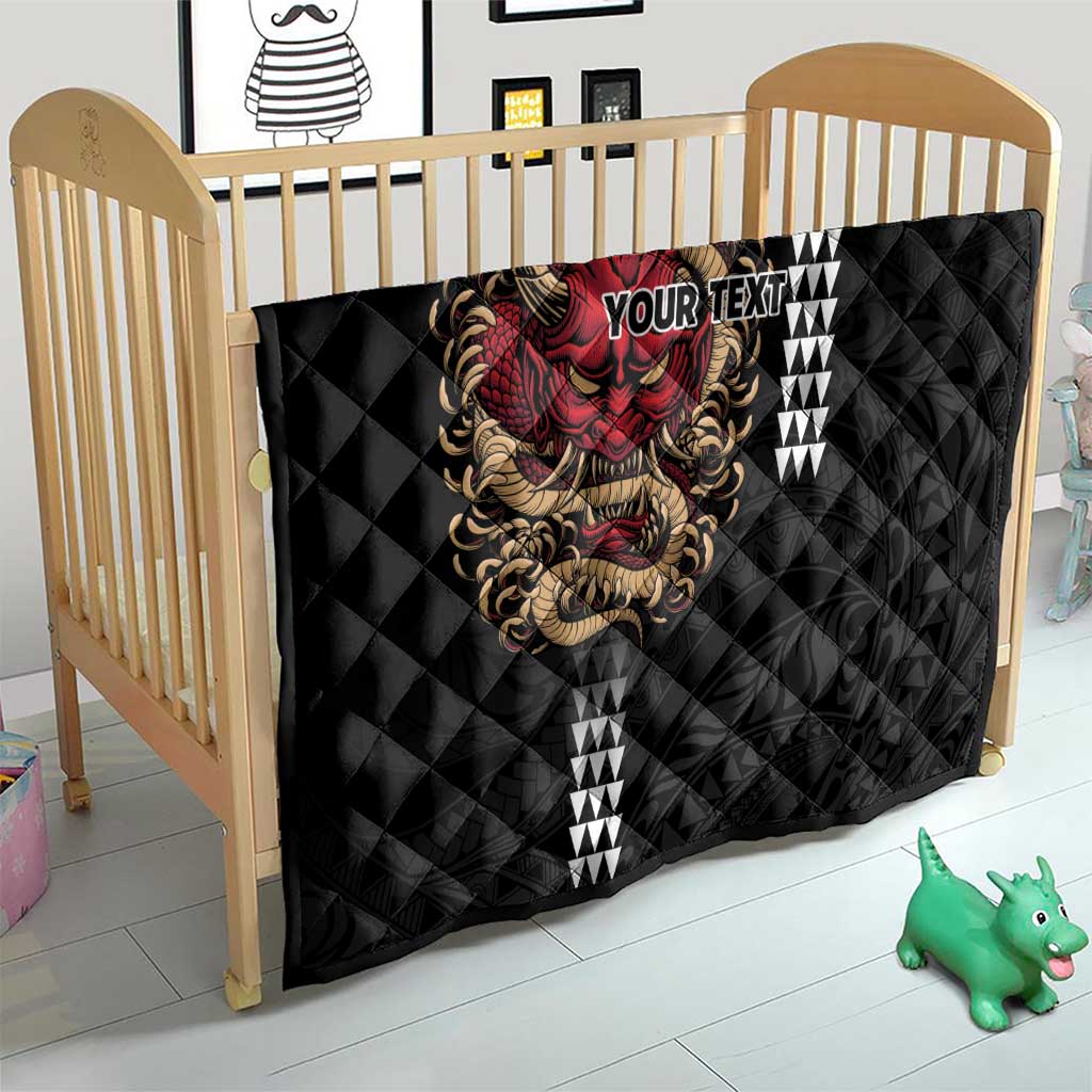 Hawaii and Japanese Oni Mask Personalised Quilt Kakau Pattern Dark Art Style
