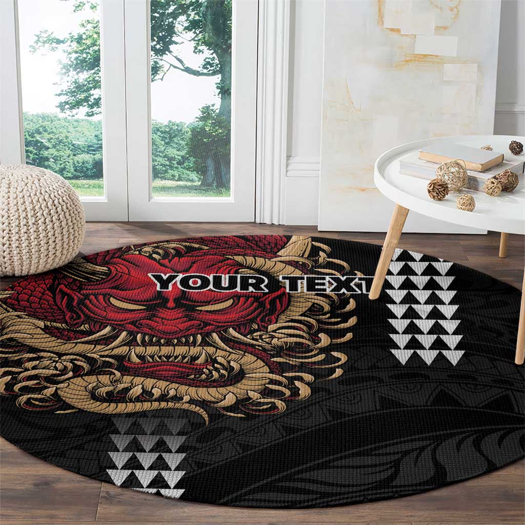 Hawaii and Japanese Oni Mask Personalised Round Carpet Kakau Pattern Dark Art Style
