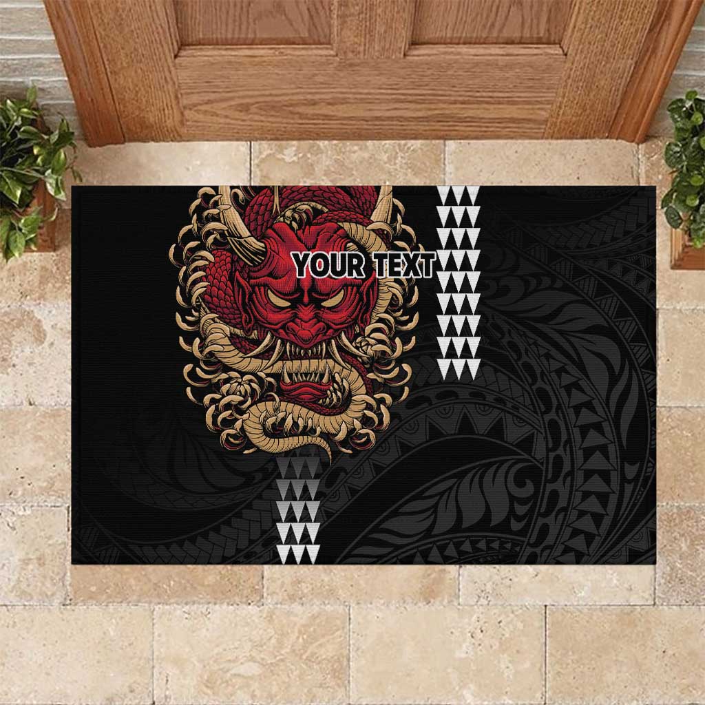 Hawaii and Japanese Oni Mask Personalised Rubber Doormat Kakau Pattern Dark Art Style