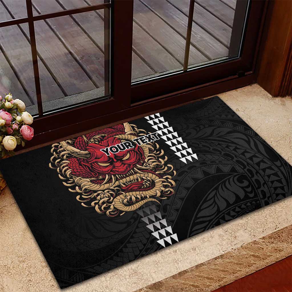 Hawaii and Japanese Oni Mask Personalised Rubber Doormat Kakau Pattern Dark Art Style