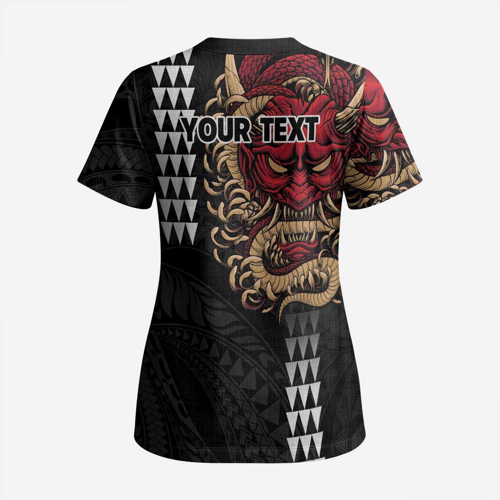 Hawaii and Japanese Oni Mask Personalised Scrub Top Kakau Pattern Dark Art Style - Polynesian Pride
