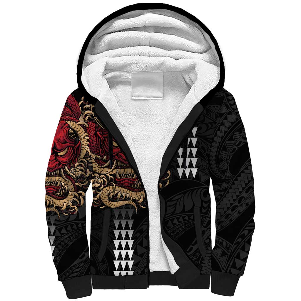 Hawaii and Japanese Oni Mask Personalised Sherpa Hoodie Kakau Pattern Dark Art Style
