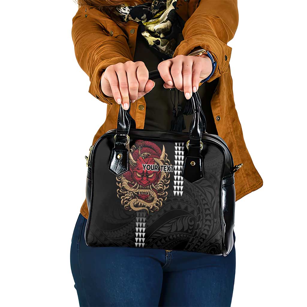 Hawaii and Japanese Oni Mask Personalised Shoulder Handbag Kakau Pattern Dark Art Style LT9 One Size Black - Polynesian Pride