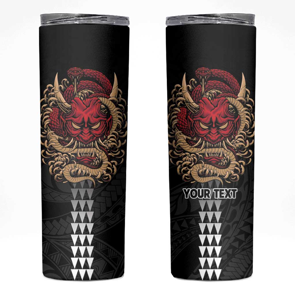 Hawaii and Japanese Oni Mask Personalised Skinny Tumbler Kakau Pattern Dark Art Style LT9 Black - Polynesian Pride