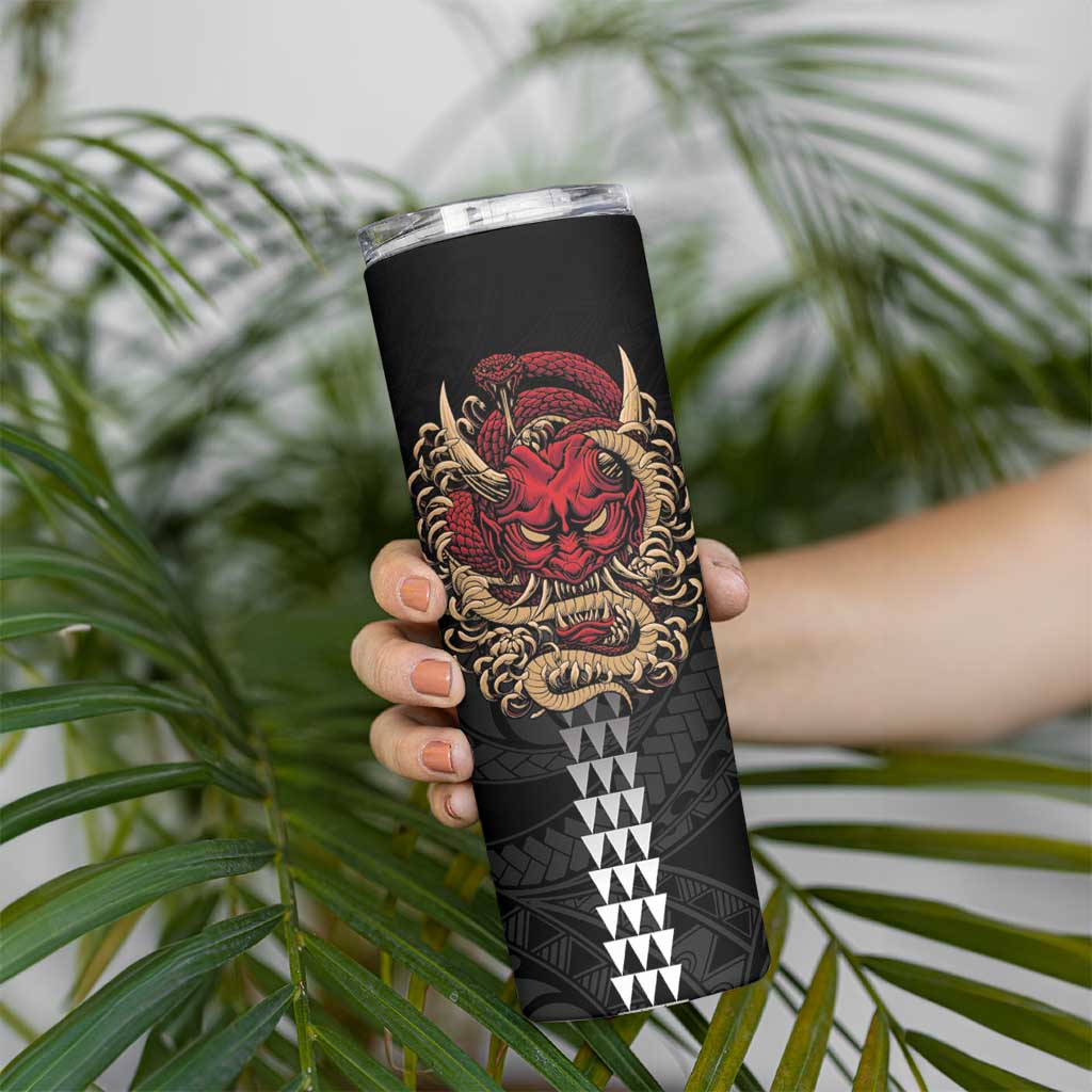 Hawaii and Japanese Oni Mask Personalised Skinny Tumbler Kakau Pattern Dark Art Style LT9 - Polynesian Pride