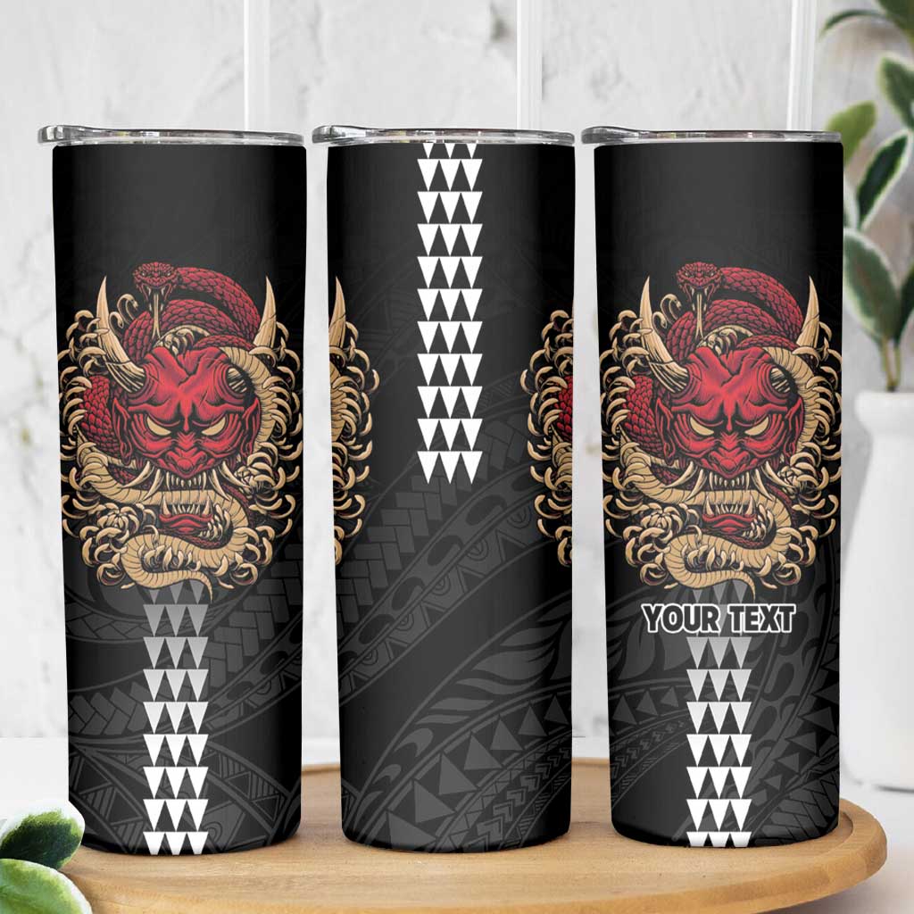 Hawaii and Japanese Oni Mask Personalised Skinny Tumbler Kakau Pattern Dark Art Style LT9 - Polynesian Pride