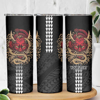 Hawaii and Japanese Oni Mask Personalised Skinny Tumbler Kakau Pattern Dark Art Style LT9 - Polynesian Pride
