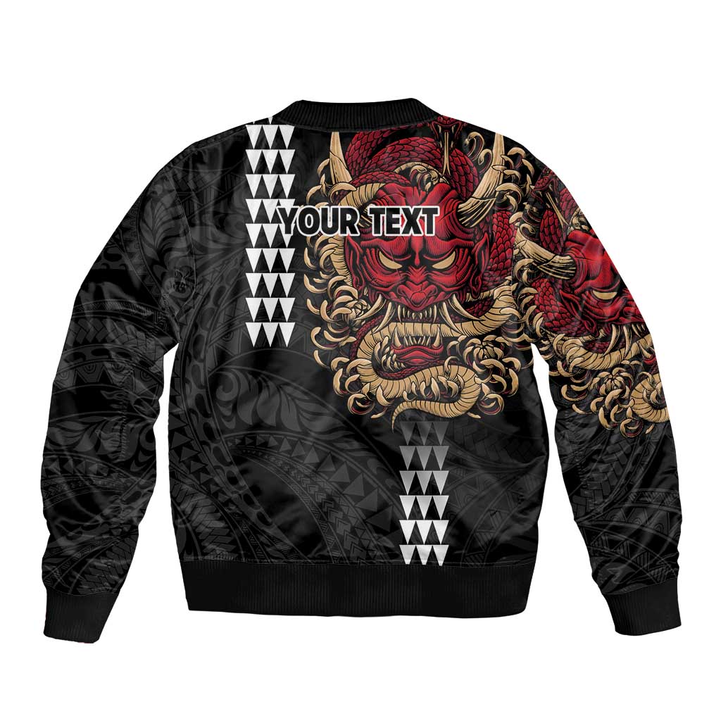 Hawaii and Japanese Oni Mask Personalised Sleeve Zip Bomber Jacket Kakau Pattern Dark Art Style