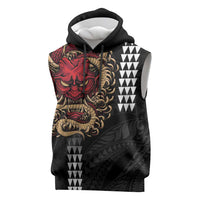 Hawaii and Japanese Oni Mask Personalised Sleeveless Hoodie Kakau Pattern Dark Art Style - Polynesian Pride